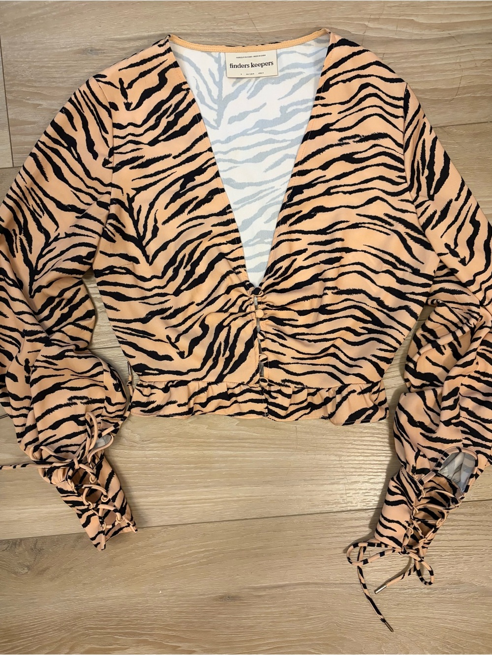 Finders Keepers Tiger-Print Wrap Top with Ruched Tie Sleeves